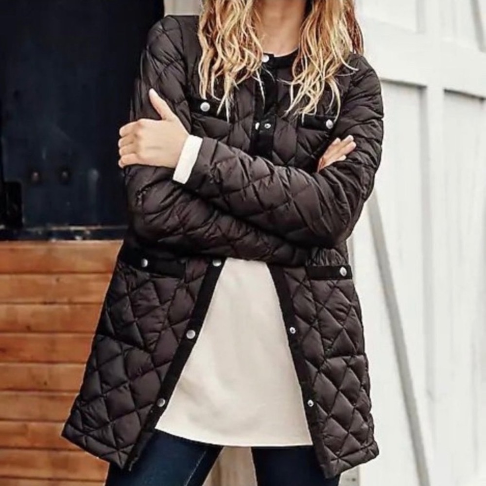 J Jill chocolate espresso brown diamond quilted down puffer w/ corduroy trim, XS